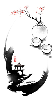 PSD 꽃 술잔 일러스트 캘리그라피 붓터치 술병 휴식 주류 사람없음 계곡 나뭇가지 동양화 정자 번짐 낙관 국내일러스트 나무 식물 건축물 음료 컨셉 병_용기 잔 미술 파일형식 효과