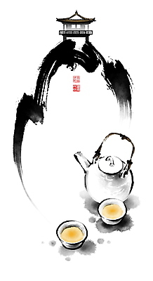 PSD 그릇 일러스트 캘리그라피 붓터치 휴식 산 사람없음 찻잔 다기 찻주전자 동양화 정자 번짐 낙관 국내일러스트 식기 건축물 컨셉 주전자 잔 미술 다도 파일형식 효과