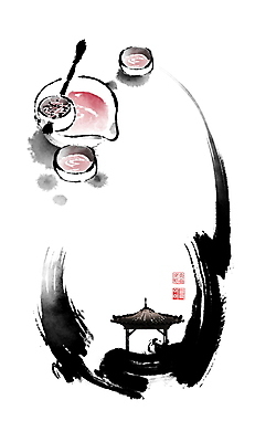 PSD 일러스트 캘리그라피 붓터치 휴식 사람없음 계곡 차 찻잔 다기 동양화 정자 번짐 낙관 차거름망 국내일러스트 건축물 음료 컨셉 잔 미술 다도 파일형식 효과