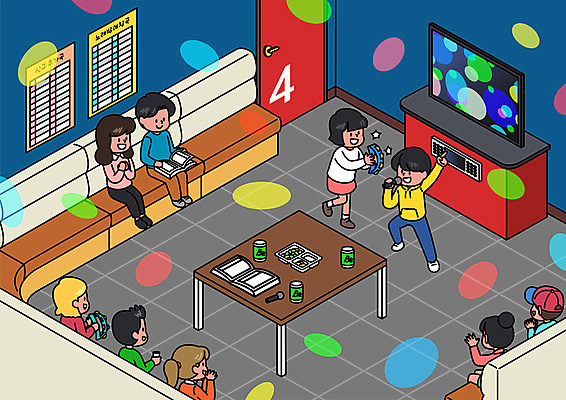 전신 공공시설 여자 남자 일러스트 탁자 서기 들기 앉기 여러명 성인 일상 리모컨 마이크 즐거움 탬버린 노래방 노래방기계 성인만 코로나바이러스 집단면역 델타변이바이러스 국내일러스트 AI파일 감정 음향기기 가구 다수 모션 타악기 사람 라이프 바이러스 시설 면역력 파일형식 벡터