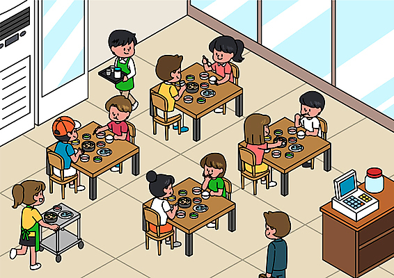 전신 여자 남자 음식 일러스트 창문 식탁 서기 앉기 여러명 상반신 성인 일상 식당 식사 기다림 종업원 계산대 에어컨 서빙 냉장고 성인만 코로나바이러스 집단면역 델타변이바이러스 국내일러스트 AI파일 직업 다수 모션 탁자 사람 라이프 상점 가전제품 바이러스 면역력 파일형식 벡터