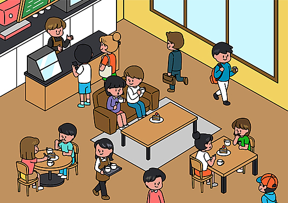 전신 여자 남자 커피 일러스트 창문 탁자 서기 들기 앉기 여러명 상반신 성인 일상 컵 소파 카페 커피메이커 계산대 바리스타 쇼트케이크 성인만 코로나바이러스 집단면역 델타변이바이러스 국내일러스트 AI파일 직업 식기 음료 가구 다수 의자 모션 사람 라이프 케이크 상점 바이러스 면역력 커피용품 파일형식 벡터