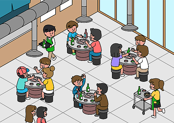 전신 여자 남자 일러스트 창문 맥주 서기 앉기 여러명 성인 일상 식당 식사 건배 삼겹살 서빙 소주 환풍기 성인만 코로나바이러스 집단면역 델타변이바이러스 고깃집 국내일러스트 AI파일 다수 모션 주류 돼지고기 사람 라이프 상점 장비 바이러스 면역력 파일형식 벡터