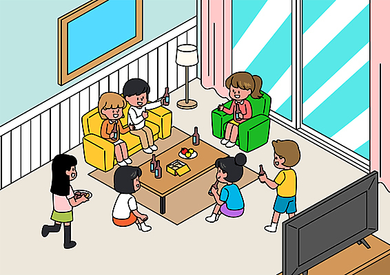 전신 여자 남자 액자 거실 일러스트 창문 탁자 맥주 들기 여러명 성인 일상 소파 텔레비전 홈파티 성인만 코로나바이러스 집단면역 델타변이바이러스 국내일러스트 AI파일 가구 다수 의자 모션 주류 사람 라이프 전자제품 파티 바이러스 면역력 파일형식 벡터