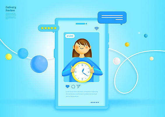 PSD 여자 별 시계 하늘색 말풍선 일러스트 한명 미소 들기 상반신 성인 스마트폰 원형 리뷰 별점 소셜네트워크 제품후기 성인여자한명만 국내일러스트 자연요소 도형 1 모션 표정 사람 파란색 핸드폰 스마트기기 점수 평가 여자한명만 성인여자만 파일형식