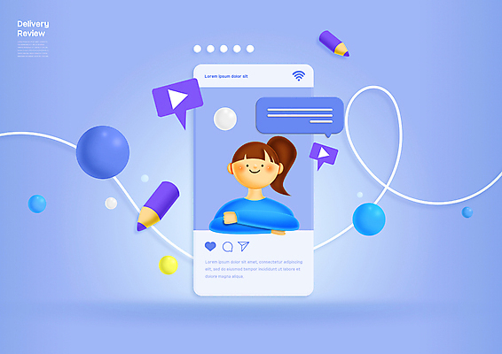 PSD 여자 말풍선 일러스트 한명 상반신 성인 파란색 스마트폰 연필 팔짱 원형 리뷰 소셜네트워크 제품후기 플레이 성인여자한명만 국내일러스트 도형 1 컬러 모션 학용품 사람 핸드폰 스마트기기 필기구 여자한명만 성인여자만 파일형식