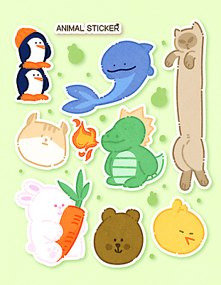 동물 스티커 여러마리 일러스트 병아리 사람없음 초록색 고양이 당근 토끼 돌고래 공룡 펭귄 다람쥐 쿼카 다꾸 아기자기 국내일러스트 AI파일 컬러 다수 컨셉 포유류 파충류 조류 뿌리채소 반려동물 수중동물 설치류 신조어 약어 파일형식 벡터