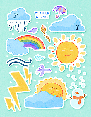 구름 무지개 스티커 일러스트 우산 눈사람 바람 날씨 비행기 사람없음 태양 눈 비 번개 연 구름캐릭터 민트색 다꾸 아기자기 국내일러스트 일러캐릭터 AI파일 자연요소 캐릭터 컬러 컨셉 항공교통 대중교통 놀이용품 신조어 약어 파일형식 벡터