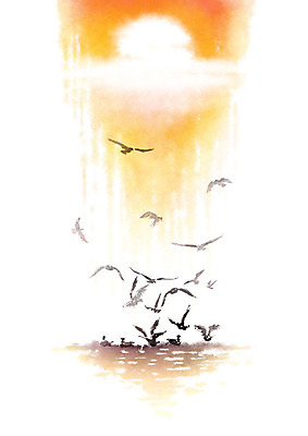 PSD 바다 여러마리 일러스트 캘리그라피 갈매기 붓터치 사람없음 태양 노을 일몰 번짐 감성 새떼 국내일러스트 자연요소 다수 컨셉 조류 파일형식 효과