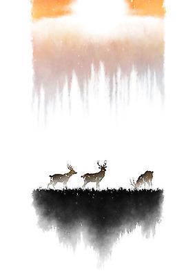 PSD 일러스트 캘리그라피 붓터치 사슴 세마리 초원 사람없음 태양 노을 일몰 번짐 감성 국내일러스트 자연요소 컨셉 포유류 3 파일형식 효과