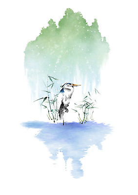 PSD 한마리 호수 일러스트 캘리그라피 붓터치 산 갈대 사람없음 왜가리 번짐 산기슭 국내일러스트 식물 1 조류 파일형식 효과