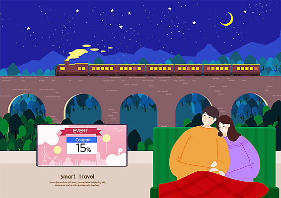 PSD 커플 여자 남자 여행 일러스트 이벤트 성인 두명 여름 여름휴가 바캉스 세일 기차 잠 야간 쿠폰 기차여행 성인만 국내일러스트 자연요소 계절 육상교통 관계 휴가 대중교통 사람 파일형식 여름_계절