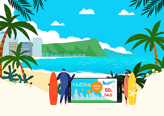 PSD 여자 남자 바다 여행 일러스트 성인 해변 두명 여름 여름휴가 바캉스 스마트폰 야자수 세일 서핑보드 쿠폰 성인만 와이키키 국내일러스트 나무 계절 휴가 사람 핸드폰 스마트기기 보드_스포츠 하와이 파일형식 여름_계절