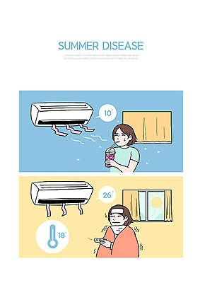 PSD 여자 일러스트 두명 여름 이불 추위 반팔티셔츠 더위 담요 감기 에어컨 안전수칙 냉방병 적정온도 여자만 국내일러스트 계절 티셔츠 침구 날씨 안전 사람 가전제품 질병 온도 파일형식