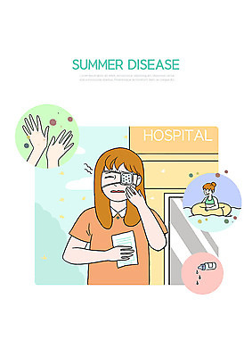 PSD 손 여자 일러스트 병원 한명 신체부위 여름 고통 감염 안전수칙 튜브 안과 박테리아 눈병 세균감염 안대 안약 결막염 국내일러스트 1 계절 감정 의학 안전 사람 염증 파일형식