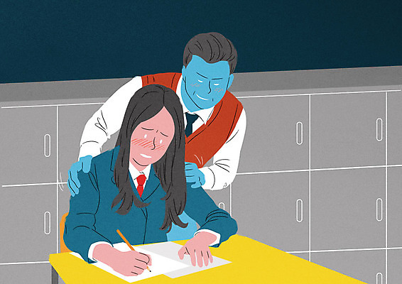 PSD 여학생 여자 남자 교복 일러스트 교실 학교 두명 교사 어둠 고통 만지기 무서움 사물함 사회이슈 책상 어깨 성범죄 성추행 성희롱 수치심 국내일러스트 직업 학생 옷 교육 감정 가구 컨셉 모션 사람 신체부위 범죄 파일형식