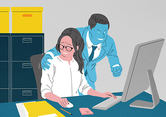 PSD 여자 남자 일러스트 회사 사람 성인 두명 컴퓨터 사무실 어둠 고통 만지기 직장인 무서움 사회이슈 책상 동료 어깨 데스크벨 성범죄 성추행 성희롱 수치심 국내일러스트 직업 감정 가구 컨셉 비즈니스 관계 모션 신체부위 전자제품 범죄 파일형식