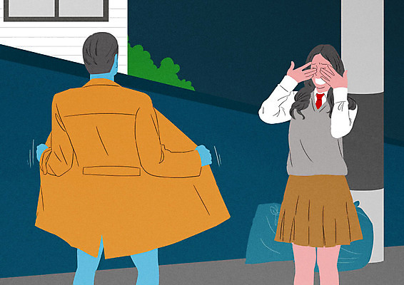 PSD 여학생 여자 남자 일러스트 사람 두명 어둠 고통 코트 눈가림 골목길 무서움 사회이슈 노출 바바리맨 성범죄 성추행 성희롱 수치심 국내일러스트 학생 감정 길 컨셉 외투 가림 범죄 범죄자 파일형식