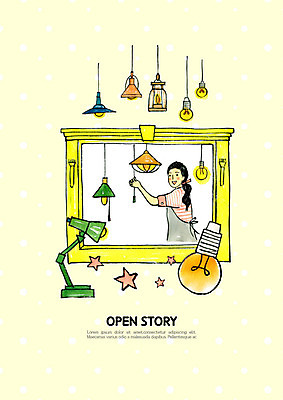 PSD 여자 일러스트 비즈니스 전구 성공 조명 프레임 한명 사람 성인 노란색 상점 스탠드 투자 창업 조명가게 성인여자한명만 국내일러스트 1 컬러 컨셉 자영업 여자한명만 성인여자만 파일형식