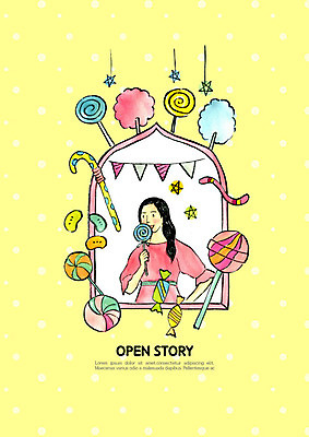 PSD 여자 일러스트 비즈니스 성공 프레임 사탕 한명 사람 성인 노란색 상점 투자 창업 젤리 사탕가게 솜사탕 성인여자한명만 국내일러스트 1 컬러 컨셉 디저트 자영업 여자한명만 성인여자만 파일형식