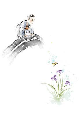 PSD 응시 꽃 어린이 나비 불교 일러스트 캘리그라피 난간 붓터치 한명 사람 동자승 번짐 감성 승복 창포 가교 국내일러스트 식물 1 건축물 시선 종교 곤충 컨셉 승려 파일형식 효과