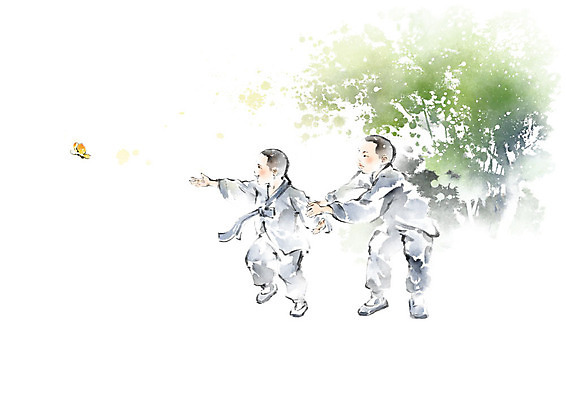PSD 어린이 나비 불교 일러스트 캘리그라피 붓터치 사람 두명 잡기 숲 동자승 번짐 감성 승복 국내일러스트 종교 곤충 컨셉 모션 승려 파일형식 효과