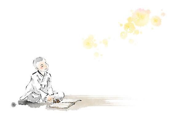 PSD 어린이 불교 일러스트 캘리그라피 붓터치 한명 사람 책 졸음 읽기 동자승 번짐 감성 승복 경전 불경 불교경전 국내일러스트 1 감정 종교 컨셉 모션 승려 파일형식 효과