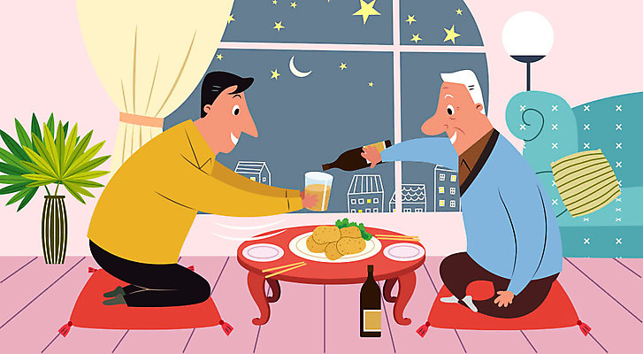 접시 교육 노년 남자 별 화분 음식 일러스트 젓가락 창문 가족 탁자 술병 주류 실내 방석 사람 성인 두명 건물 생활 컵 소파 양손 달 스탠드 예절 커튼 야간 저녁 무릎꿇기 즐거움 손모으기 공공예절 공손 부자지간 남자만 국내일러스트 AI파일 자연요소 식기 건축물 손 감정 아들 음료 가구 의자 관계 모션 병_용기 조명 수저 손짓 내부 아빠 파일형식 벡터