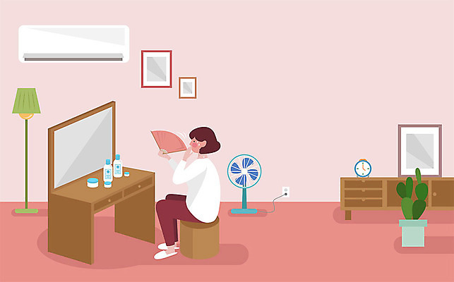여자 화분 중년 일러스트 한명 사람 뜨거움 열 부채 선풍기 에어컨 땀 화장대 당황 갱년기 안절부절 중년여자한명만 국내일러스트 AI파일 1 감정 가구 성인 가전제품 증상 여자한명만 중년여자만 파일형식 벡터