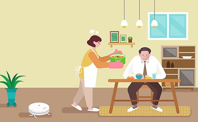 부부 여자 남자 화분 중년 일러스트 식탁 조명 선반 사람 두명 카펫 슬픔 분노 짜증 갱년기 시무룩 우울감 청소로봇 중년만 국내일러스트 AI파일 커플 감정 가구 탁자 표정 성인 로봇 증상 성인만 파일형식 벡터