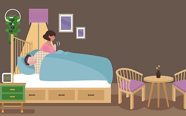 무료이미지 부부 여자 남자 화분 중년 의자 일러스트 탁자 조명 사람 두명 짜증 침대 열 더위 당황 갱년기 안절부절 중년만 국내일러스트 AI파일 커플 감정 가구 날씨 성인 증상 성인만 파일형식 벡터