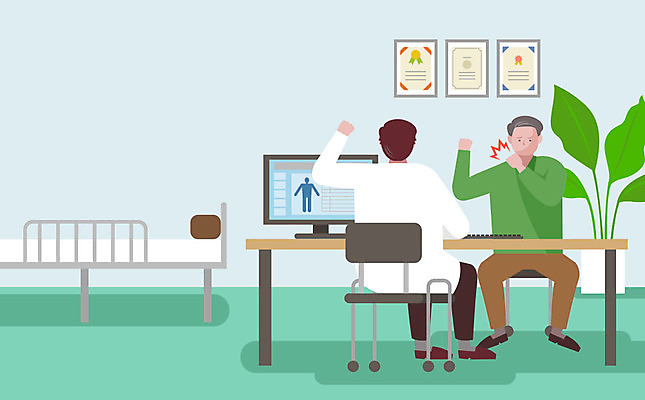 남자 중년 의자 일러스트 탁자 병원 사람 성인 두명 컴퓨터 고통 환자 의사 상담 갱년기 근육통 병원침대 어깨통증 남자만 국내일러스트 AI파일 감정 가구 의학 전자제품 의료진 침대 질병 증상 파일형식 벡터