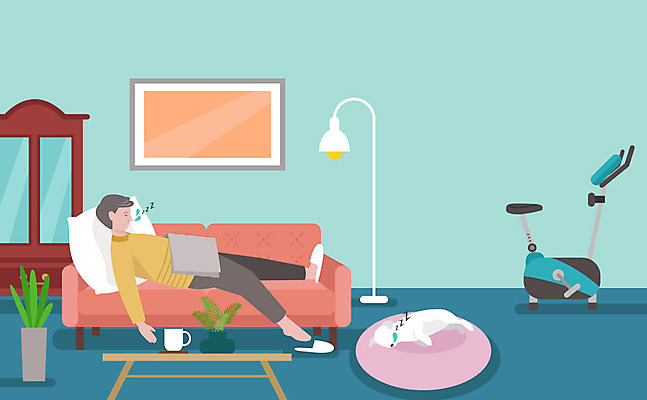 한마리 남자 화분 중년 쿠션 일러스트 탁자 조명 피곤 한명 사람 컵 소파 눕기 헬스사이클 강아지 장식장 갱년기 만성피로 무기력 반려 중년남자한명만 국내일러스트 AI파일 1 식기 가구 컨셉 의자 모션 성인 반려동물 운동기구 개 증상 남자한명만 중년남자만 파일형식 벡터