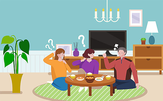 여자 남자 화분 중년 일러스트 가족 엄마 조명 사람 성인 세명 텔레비전 카펫 분노 짜증 물음표 자녀 아빠 밥상 당황 의문 갱년기 국내일러스트 AI파일 기호 감정 컨셉 관계 탁자 전자제품 증상 파일형식 벡터