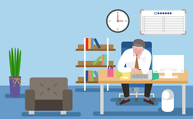 남자 화분 중년 의자 일러스트 책장 한명 사람 책 컴퓨터 소파 사무실 책상 연필꽂이 화이트보드 갱년기 무기력 중년남자한명만 국내일러스트 AI파일 1 가구 컨셉 비즈니스 문구용품 성인 전자제품 증상 남자한명만 중년남자만 파일형식 벡터