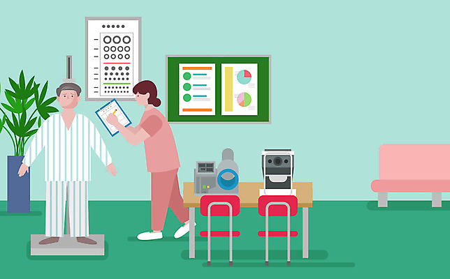 여자 남자 화분 중년 의자 일러스트 그래프 알림판 병원 사람 성인 두명 환자 간호사 슬픔 키_신체 신체검사 시력검사 갱년기 시무룩 국내일러스트 AI파일 감정 가구 신체 의학 표정 의료진 검사_조사 증상 파일형식 벡터