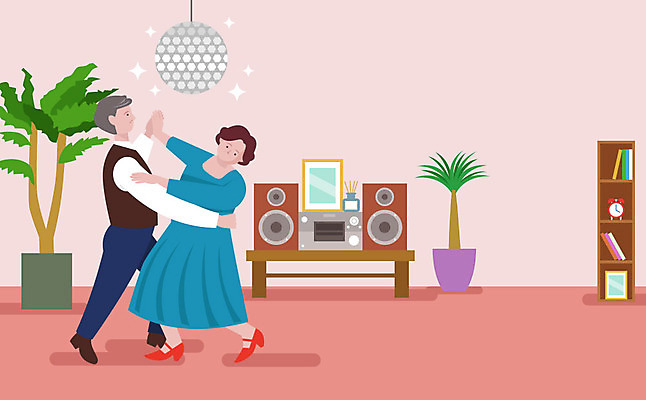 부부 여자 남자 화분 중년 일러스트 탁자 책장 사람 취미 두명 책 춤 즐거움 미러볼 갱년기 중년만 국내일러스트 AI파일 커플 감정 가구 문화예술 성인 장식 증상 성인만 파일형식 벡터