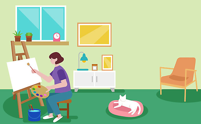 한마리 여자 화분 중년 쿠션 의자 일러스트 조명 한명 사람 취미 고양이 붓 그리기 팔레트 물통 즐거움 이젤 서랍장 갱년기 반려 흥미 중년여자한명만 국내일러스트 AI파일 1 감정 가구 컨셉 포유류 모션 성인 반려동물 미술도구 증상 여자한명만 중년여자만 파일형식 벡터
