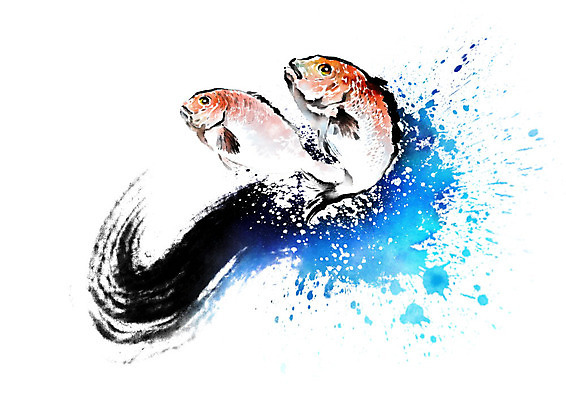 PSD 파도 바다 두마리 일러스트 식재료 캘리그라피 붓터치 어류 사람없음 파란색 해산물 번짐 도미 국내일러스트 컬러 2 수중동물 파일형식 효과