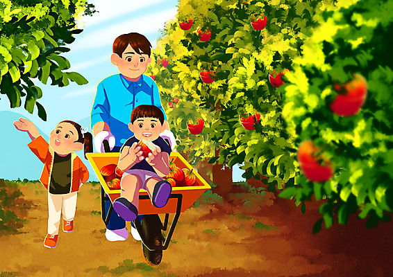 PSD 여자 남자 어린이 일러스트 가족 협력 따뜻함 사람 성인 세명 농장 자녀 가족라이프 체험 아빠 사과 숲 과수원 사과나무 사과농장 주말농장 국내일러스트 나무 라이프스타일 컨셉 농업 과일 관계 파일형식