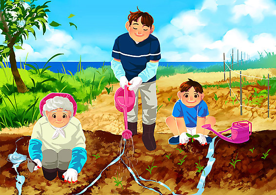 PSD 여자 노년 남자 아들 할머니 어린이 바다 밭 일러스트 가족 협력 따뜻함 사람 성인 세명 초록색 파란색 농장 새싹 수확 가족라이프 체험 아빠 물주기 주말농장 국내일러스트 식물 라이프스타일 컬러 컨셉 농업 관계 모션 파일형식