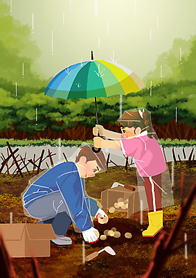 PSD 여자 남자 딸 어린이 밭 일러스트 우산 가족 협력 감자 따뜻함 사람 성인 두명 농장 수확 가족라이프 체험 비 아빠 우비 주말농장 국내일러스트 자연요소 라이프스타일 옷 컨셉 농업 채소 관계 날씨 파일형식