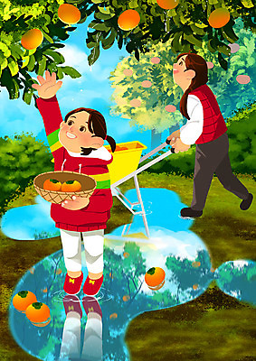 PSD 여자 딸 어린이 일러스트 가족 엄마 협력 따뜻함 감 사람 성인 두명 농장 수확 가족라이프 체험 숲 웅덩이 주말농장 여자만 국내일러스트 라이프스타일 컨셉 농업 과일 관계 파일형식