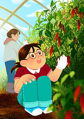 PSD 여자 딸 어린이 일러스트 가족 고추 엄마 협력 따뜻함 사람 성인 두명 농장 수확 가족라이프 체험 비닐하우스 고추밭 주말농장 여자만 국내일러스트 라이프스타일 컨셉 밭 농업 채소 관계 파일형식