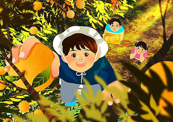 PSD 여자 남자 어린이 일러스트 가족 협력 사람 소녀 소년 세명 농장 수확 가족라이프 체험 배 숲 나무타기 주말농장 어린이만 국내일러스트 라이프스타일 컨셉 농업 과일 관계 모션 파일형식