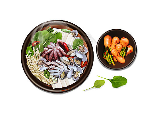 PSD 웰빙 한식 잎 일러스트 건강 사람없음 여름 복날 보양식 낙지 총각김치 웰빙음식 낙지전골 바지락 연포탕 삼복 국내일러스트 식물 계절 기념일 음식 조개 김치 연체동물 수중동물 탕 전골 건강식 몸보신 파일형식