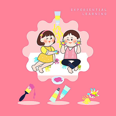 PSD 여자 남자 어린이 분홍색 일러스트 미술 사람 소녀 소년 두명 물감 붓 체험학습 즐거움 도화지 물감놀이 손자국 에듀 스쿨팩 국내일러스트 감정 종이 컬러 자국 놀이 문화예술 미술도구 체험 색칠 에듀케이션 파일형식