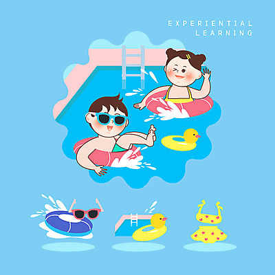 PSD 여자 남자 수영복 어린이 일러스트 물놀이 물장구 수영장 여름방학 사람 소녀 소년 두명 여름 파란색 선글라스 수영 체험학습 즐거움 튜브 에듀 스쿨팩 국내일러스트 옷 계절 감정 안경 컬러 놀이 방학 수상스포츠 체험 에듀케이션 파일형식 여름_계절