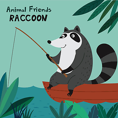 동물 한마리 일러스트 낚시 나뭇잎 사람없음 초록색 강 귀여움 너구리 선박 라쿤 국내일러스트 AI파일 1 컬러 컨셉 수상교통 잎 포유류 레저 파일형식 벡터