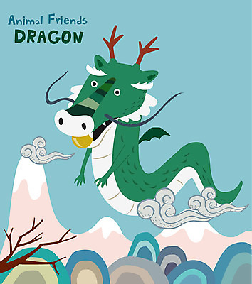 동물 한마리 일러스트 하늘 산 사람없음 초록색 귀여움 용 비행 용캐릭터 여의주 국내일러스트 일러캐릭터 AI파일 캐릭터 1 컬러 컨셉 파일형식 벡터